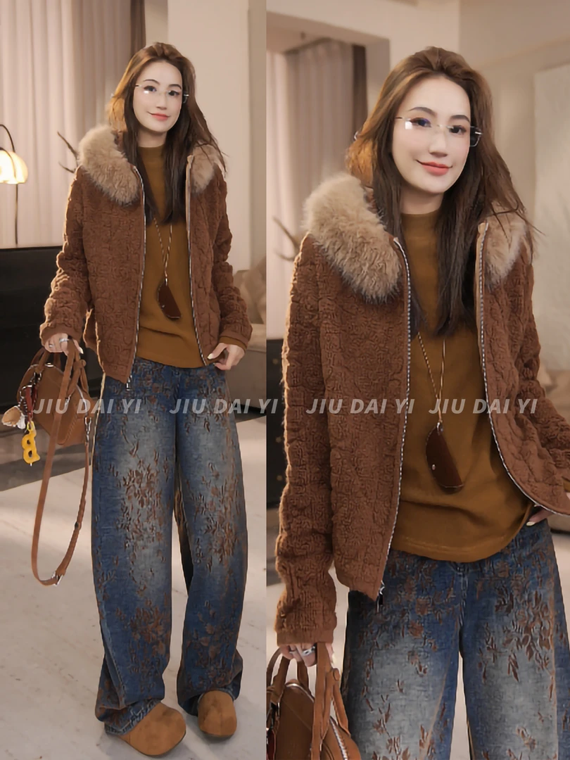 玖黛衣【雪国精灵】冬季~加厚可拆卸大毛领~宽松开衫针织XSP46193