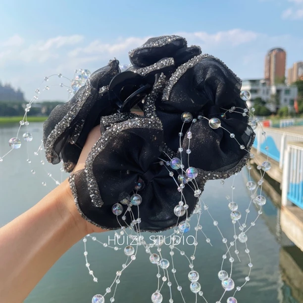 【惠子nia】珍珠流苏边钻百搭小众发饰轻奢重工星空纱抓夹抓夹头饰