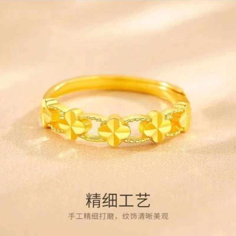 黄铜戒指 新款镀金四叶草戒指轻奢女黄铜活口保色久素圈戒指礼物