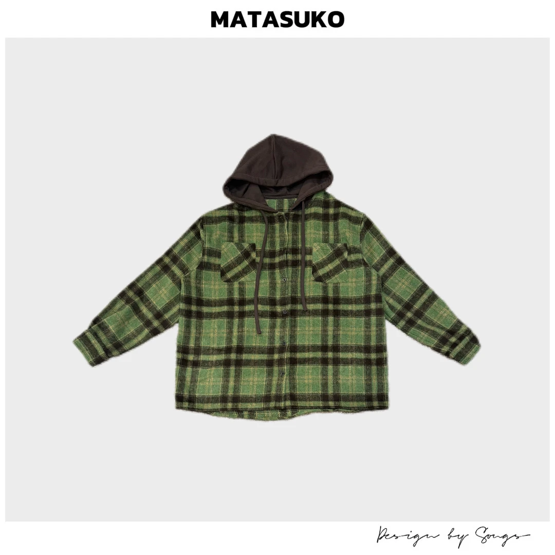 MATASUKO 格子系列 秋冬毛呢羊毛系列 长袖连帽外套