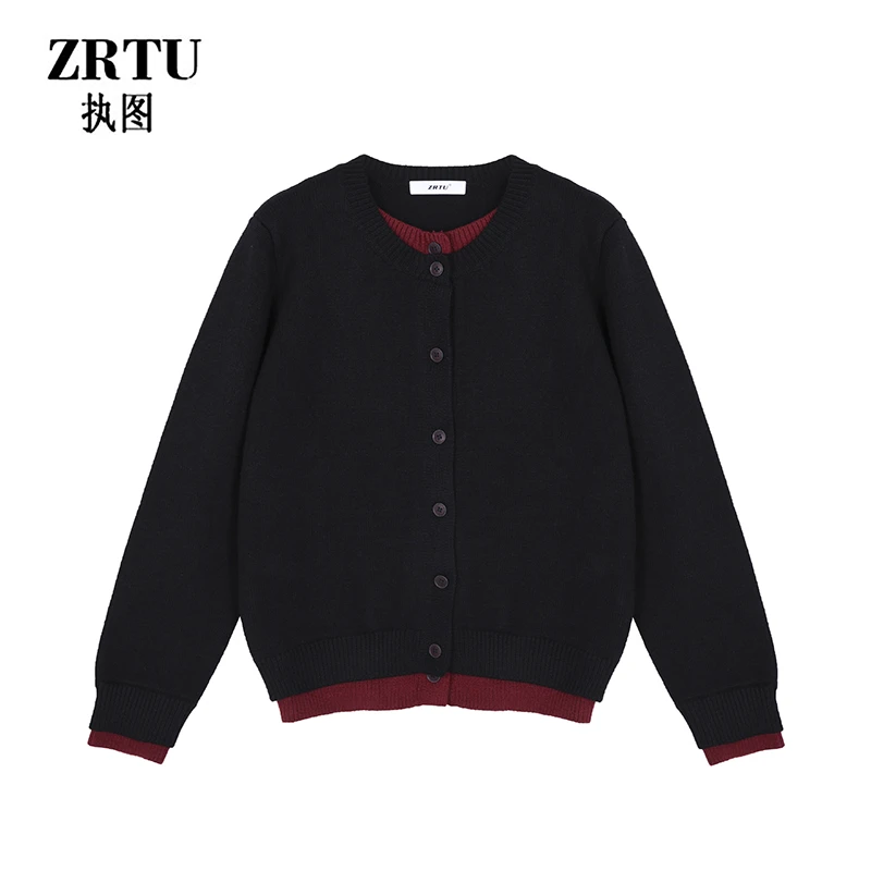 ZRTU 2024冬季新款圆领长袖针织开衫拼色假两件毛衣