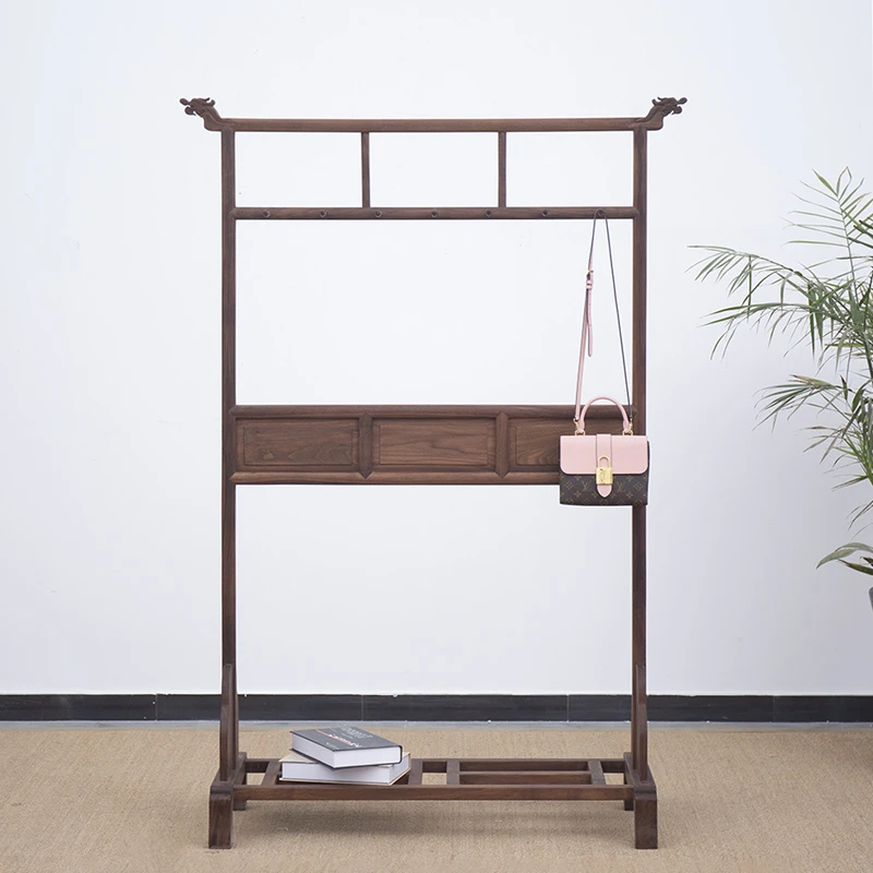 新中式黑胡桃木实木衣帽架落地卧室挂衣架家用客厅门口转角置物架