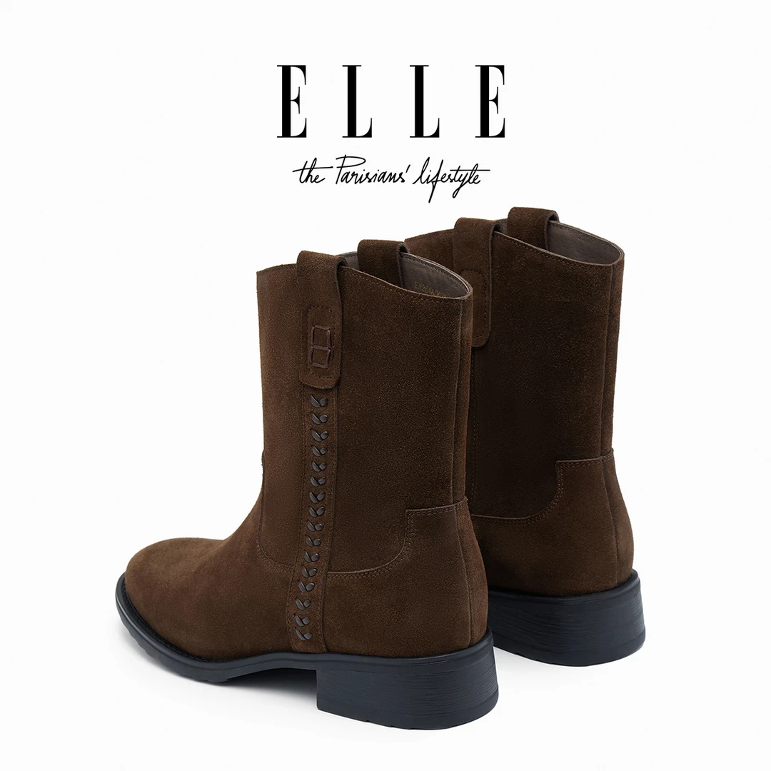 ELLE时装靴女复古小众绒面粗跟骑士靴中筒时尚真皮厚底英伦风短靴