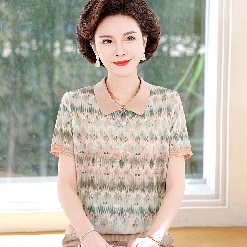 2025夏季新款时尚中老年妈妈装冰丝T恤洋气上衣女翻领短袖薄小衫