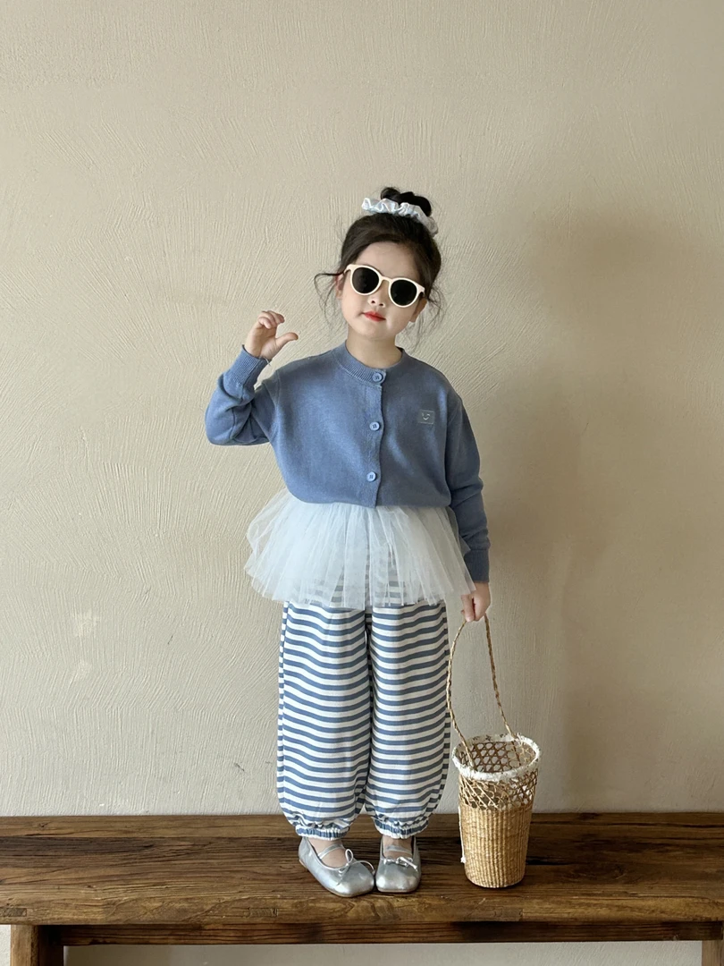 女童春秋新款休闲风毛衣开衫上衣百搭 洋气条纹裤子宽松 网纱裙