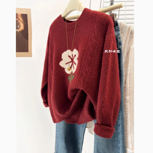 红色毛衣女装新款软糯慵懒风设计感圆领宽松针织上衣秋冬套头打底