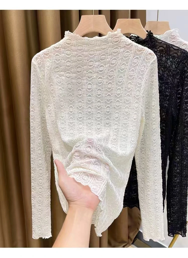 220708#圆圈花朵木耳领打底衫女蕾丝衫气质洋气时尚百搭春秋