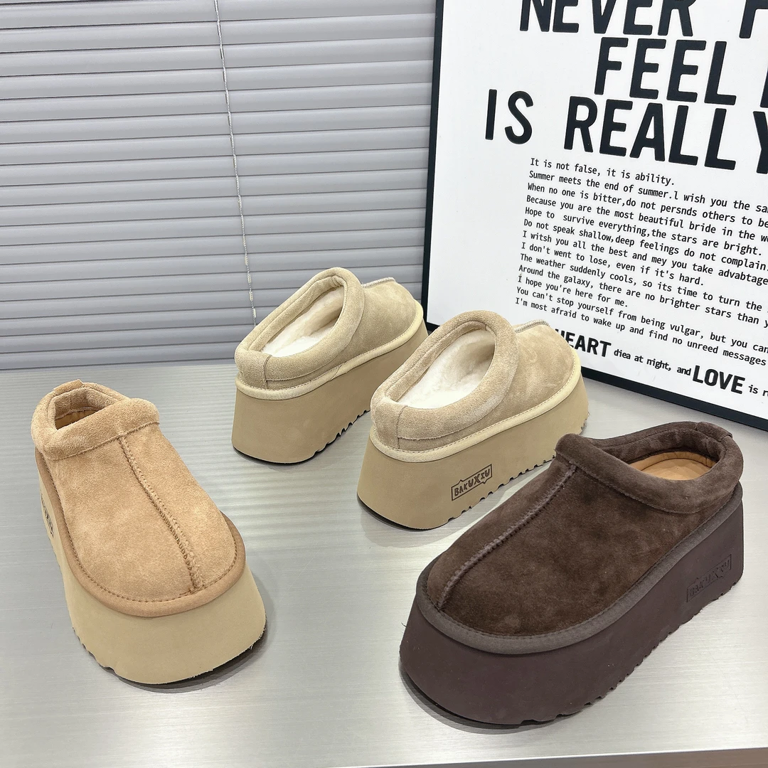 2025冬新款真皮水钻包头加绒半拖圆头6cm松糕厚底勃肯雪地靴女鞋