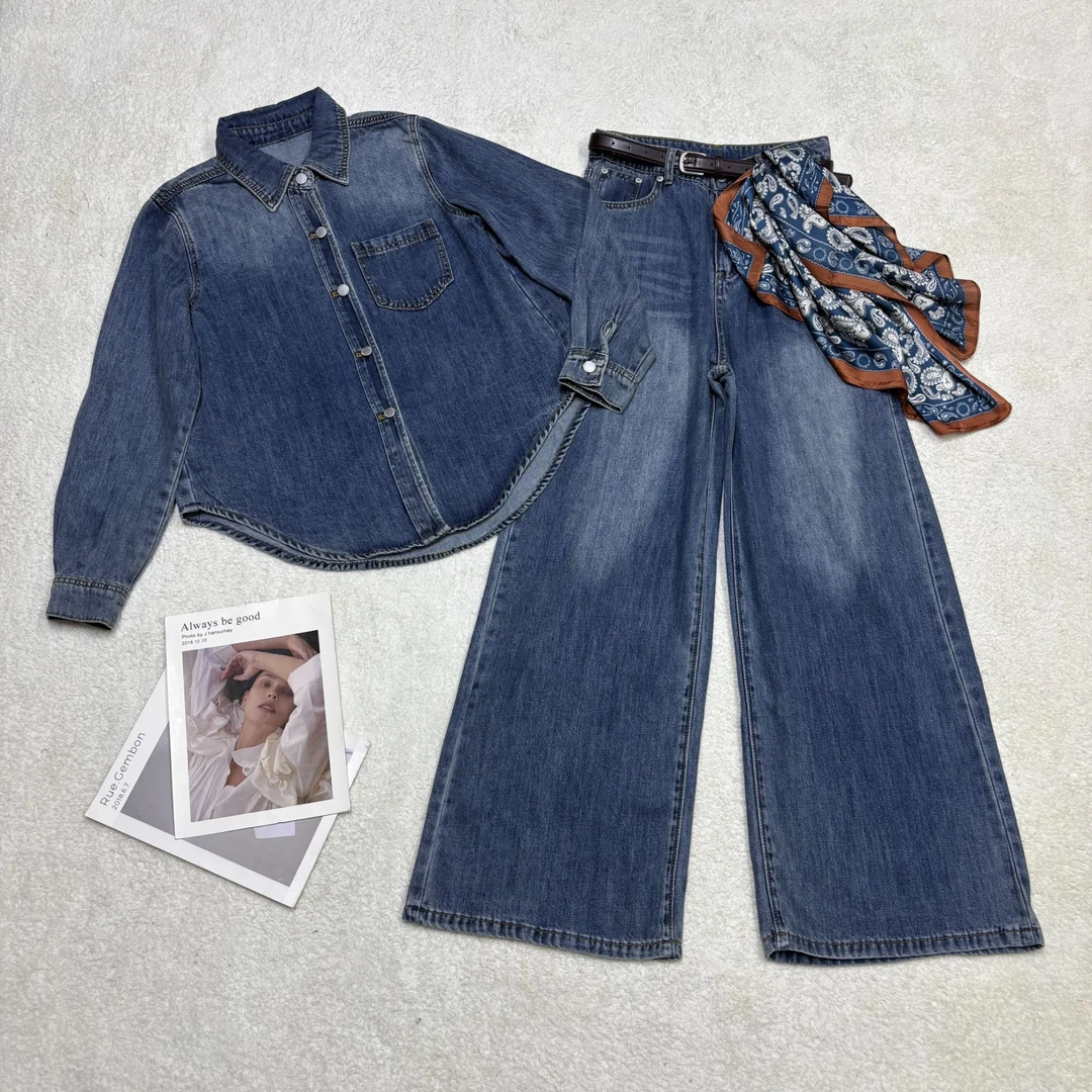 新款舒适慵懒感休闲宽松牛仔衬衣+高腰直筒牛仔裤25156