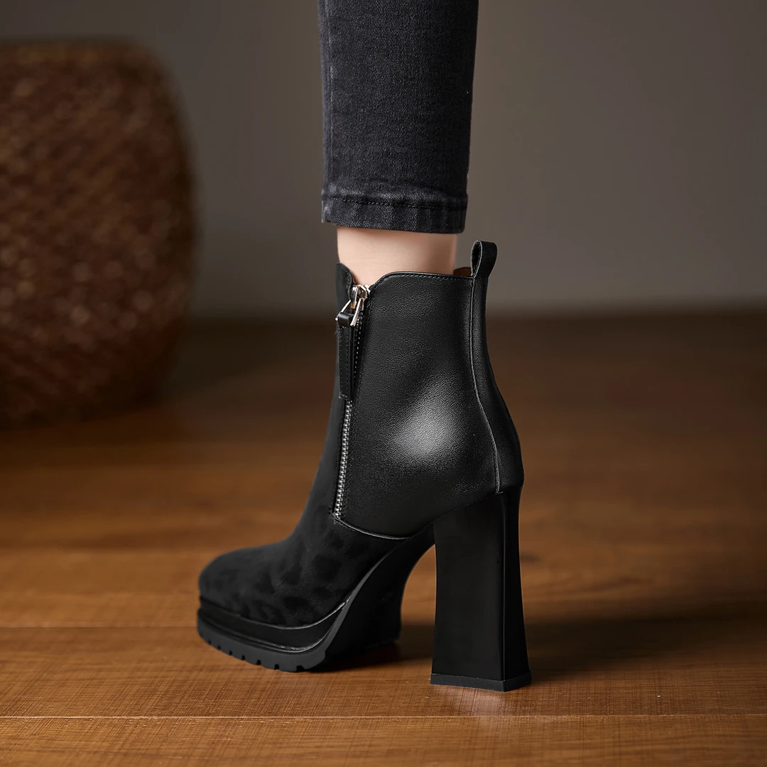 小个子增高10cm豹纹方头厚底粗跟短靴女秋冬新款双拉链高跟瘦瘦靴