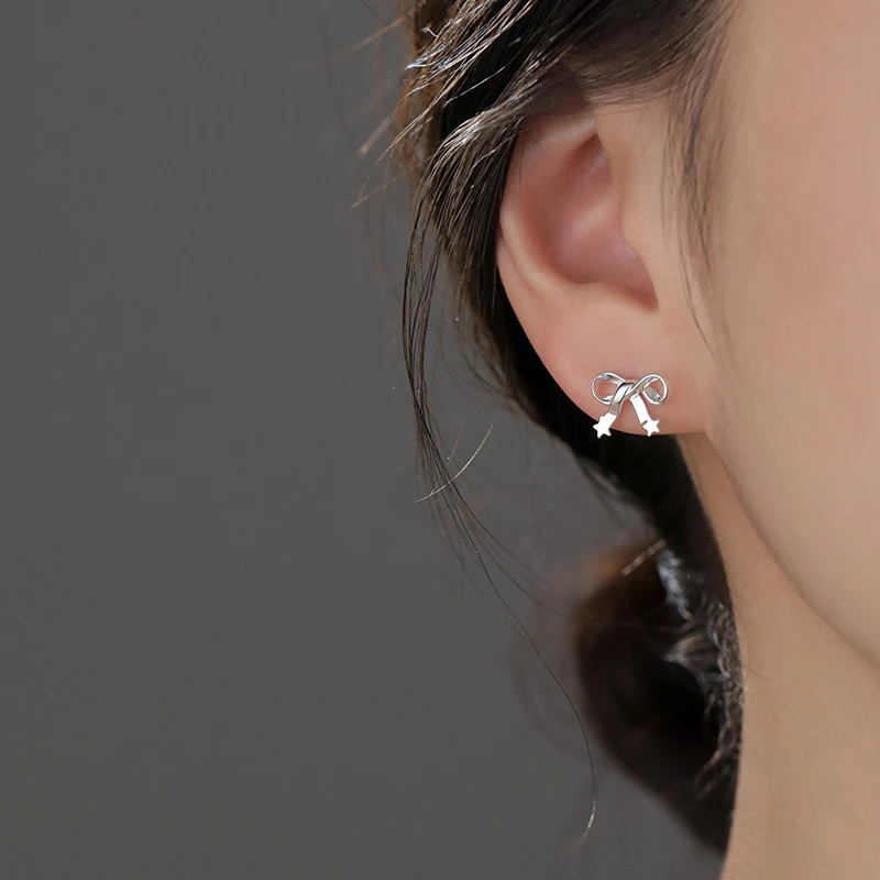925银耳饰 925纯银星星蝴蝶结耳钉小众设计感气质小巧耳环女百搭