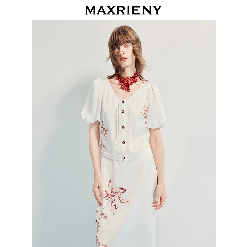 MAXRIENY精致日常感箱型印花雪纺衫25夏款法式复古修身上衣女