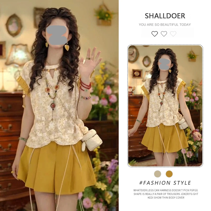 韩版时尚减龄套装女2026新款夏季提花镂空衬衫高腰休闲短裤两件套