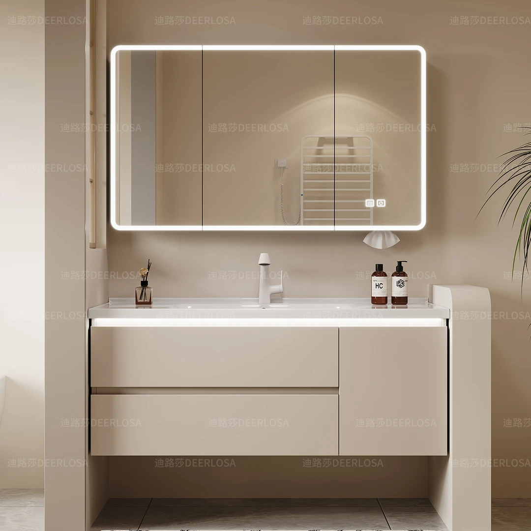 奶油风浴室柜隐藏镜陶瓷一体盆可折叠镜子卫生间洗脸洗漱盆
