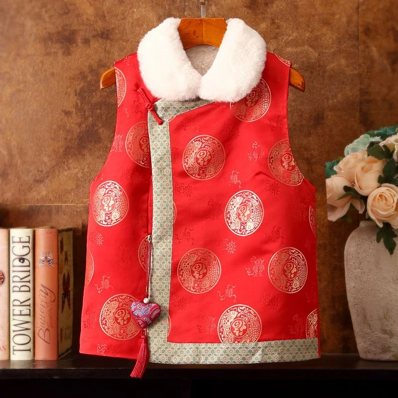 福字红色马夹中国风拜年服娃娃翻领斜襟改良斜襟拉链马甲喜庆背心