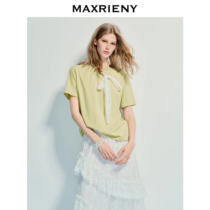 MAXRIENY精致优雅感宽松短袖T恤2025夏款蕾丝蝴蝶结绑带上衣女