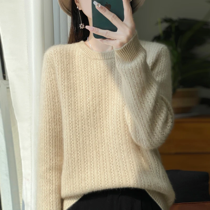 秋冬新款100%羊毛衫女圆领套头宽松针织打底衫纯色加厚毛衣