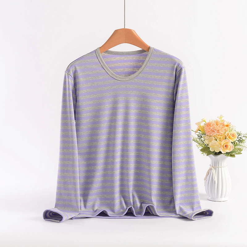 秋季新款长袖上衣内搭条纹针织宽松型大码T恤薄女休闲百搭打底衫