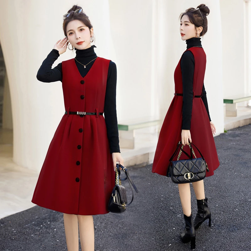 时尚潮流春季单排扣V领显瘦毛呢背心裙无袖连衣裙配腰