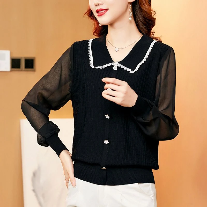 娃娃领针织衫女2025春秋新款宽松蕾丝拼接泡泡袖假两件上衣打底衫