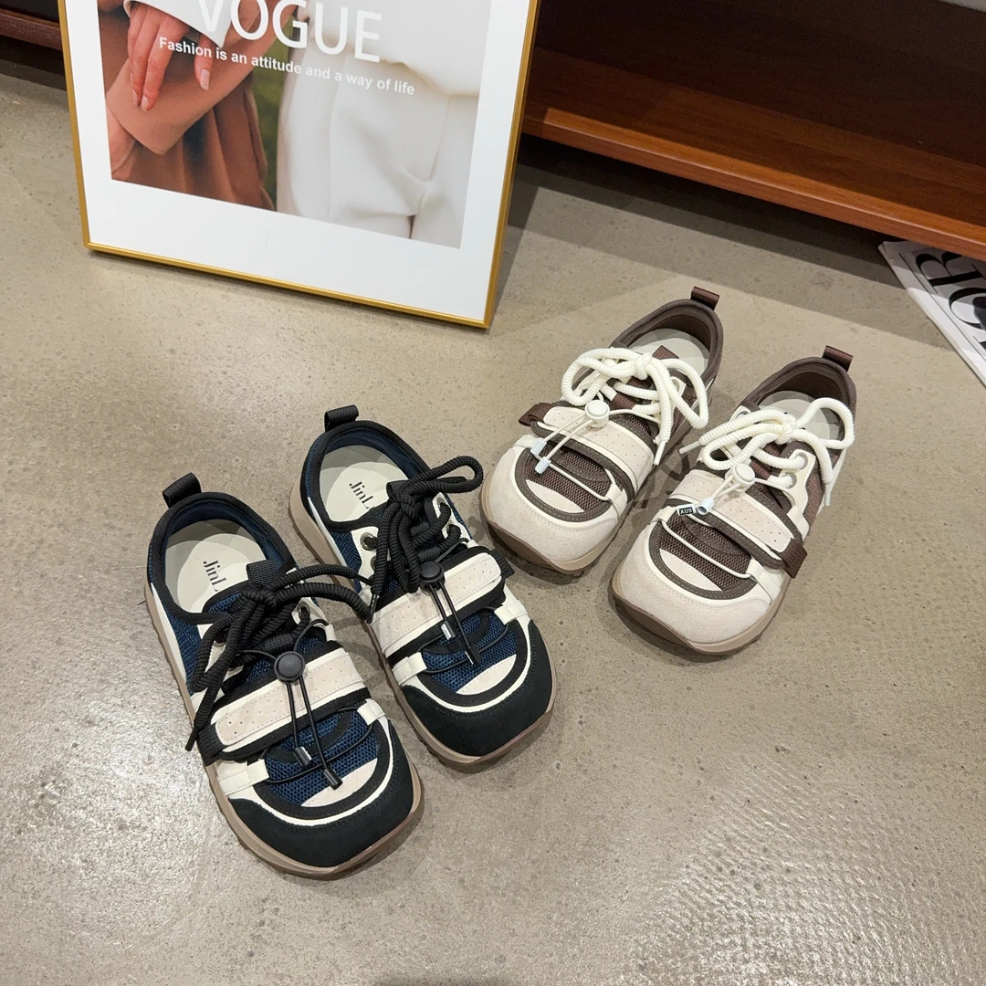 6022秋季新品女真皮拼接网面平底透气面包休闲鞋系带魔术贴板鞋潮