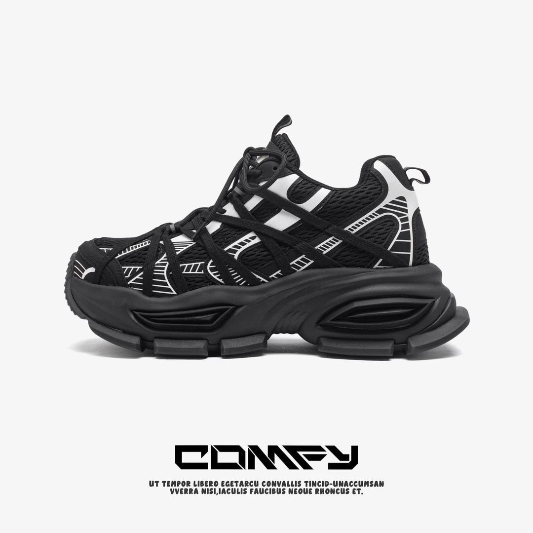 comfy【黑鲨之眼】2025｜隐形增高10cm秋季新款厚底网面百搭老爹鞋