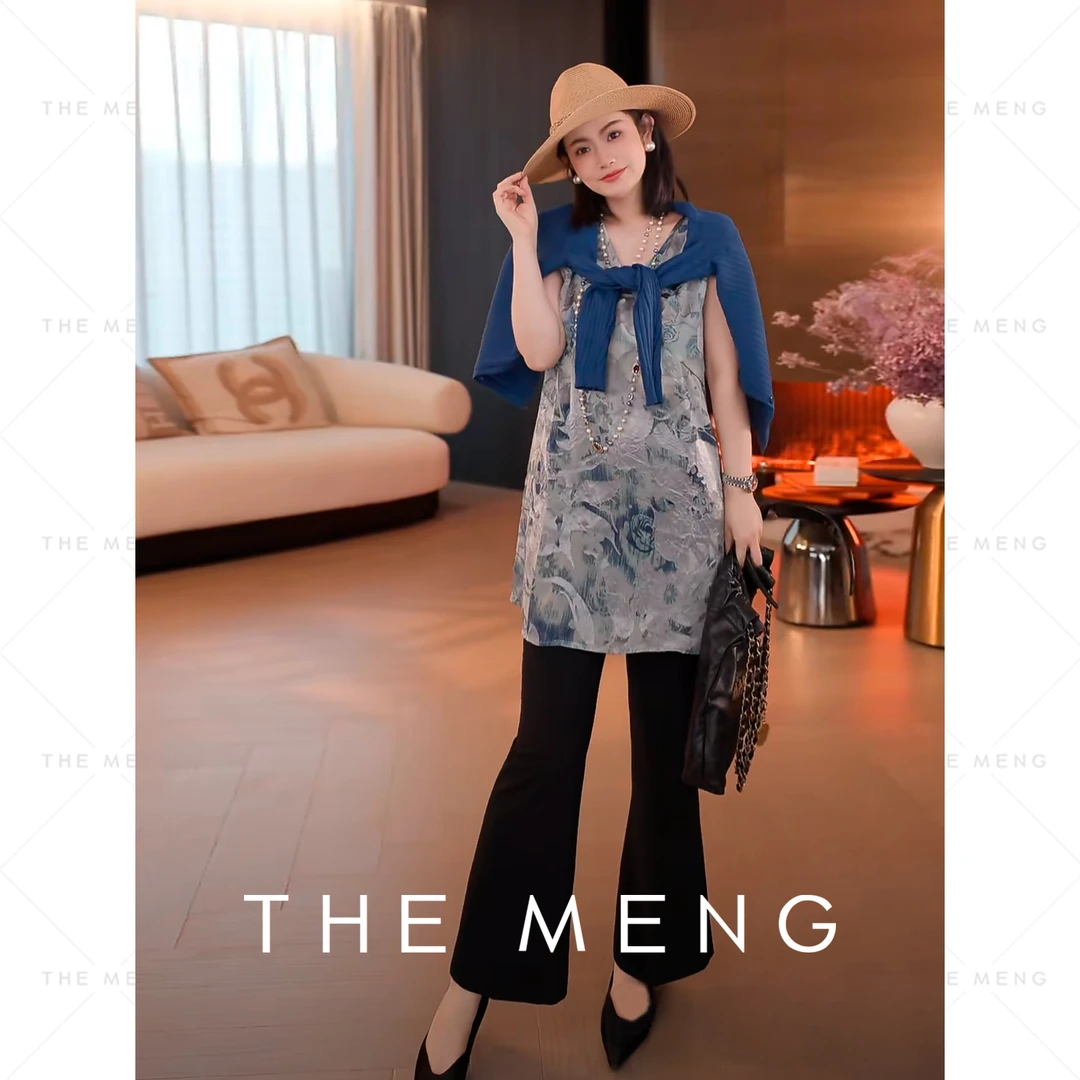 THE MENG【马尔代夫】缎面烧花捏褶优雅通勤显瘦无袖背心#M251G0082