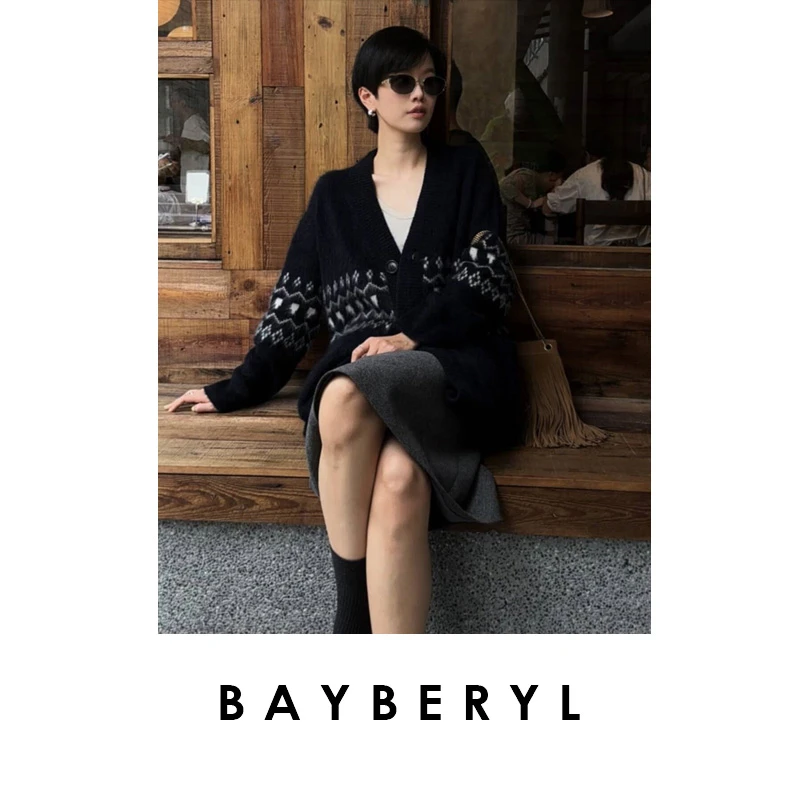 BAYBERYL老贝格兰岛*牦牛V领提花费尔复古秋针织衫ZZS5I1103
