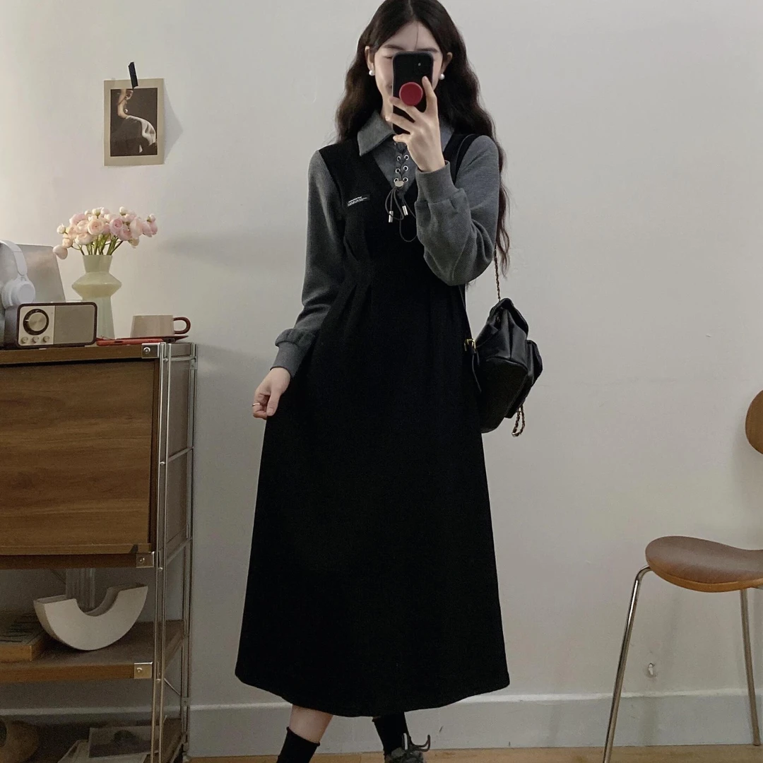 2025大码秋冬新款黑色长袖连衣裙女加厚针织假两件气质裙子复古