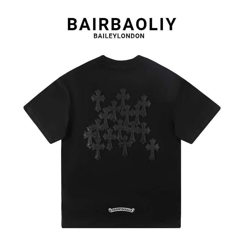 BAIRBAOLIY春夏高街美式十字架拼皮刺绣复古高级新款休闲短袖T恤