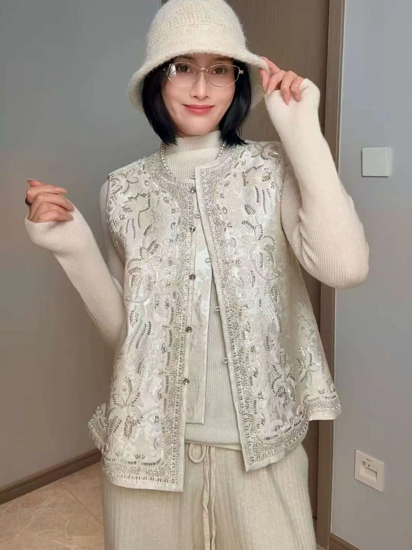【明月归】新版复古新中式立体浮雕钉珠刺绣马甲上衣女时尚纯色
