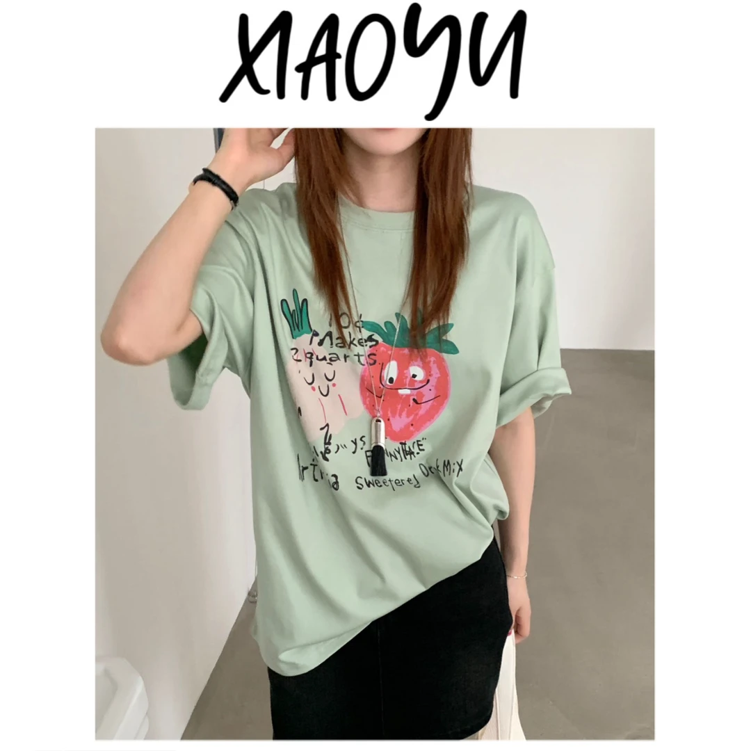 【草莓绿短袖】韩系趣味水果圆领短袖T恤百搭显瘦短袖上衣女设计款