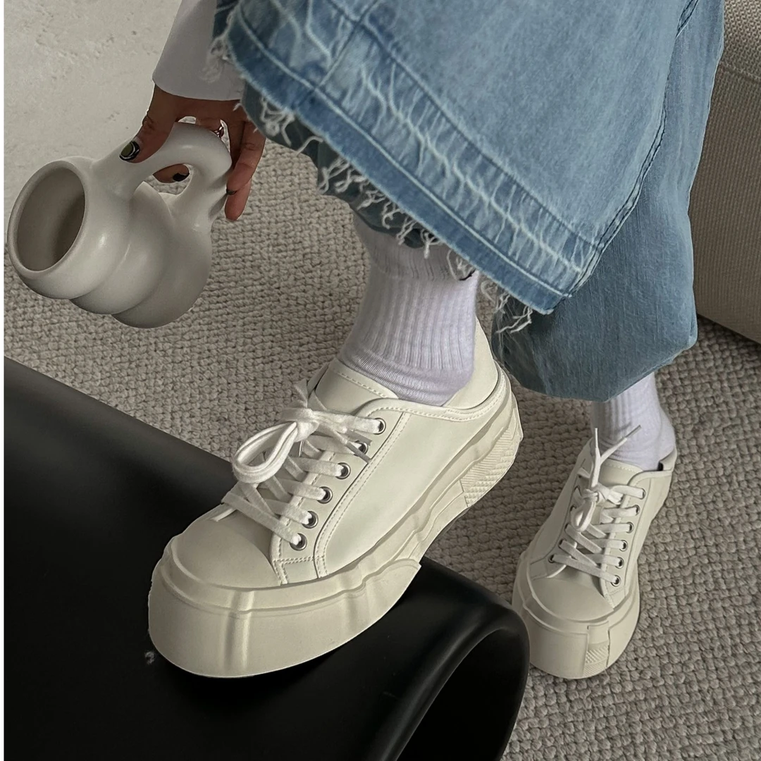 J55-1 SGIRL 时尚休闲鞋2023皮面系带女鞋厚底板鞋圆头皮面低帮