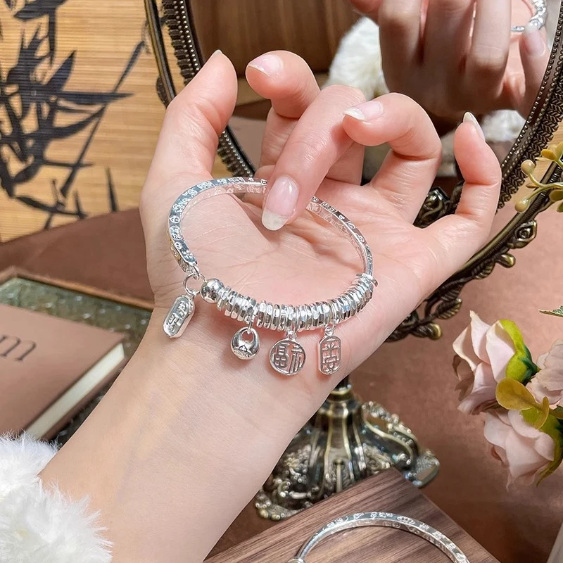 足银手镯 999.9盘缠纯银手镯女平安招财实心开口银镯子情人节礼物