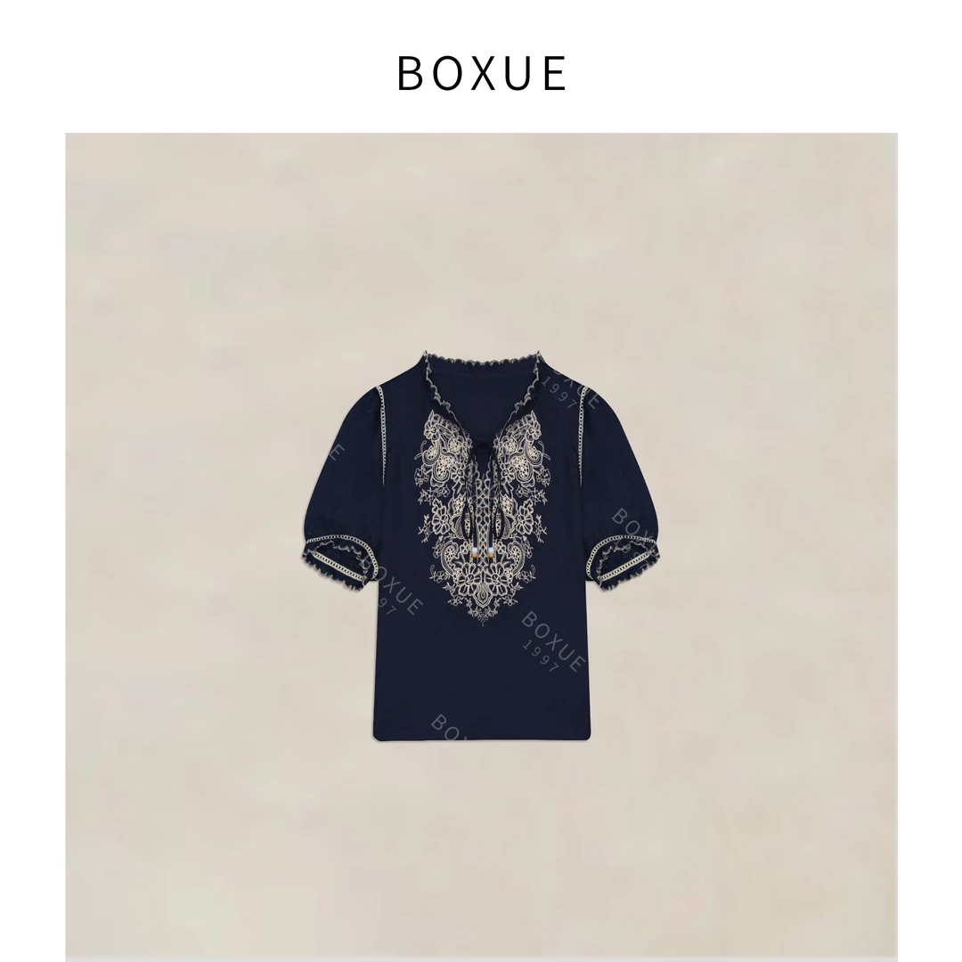 BOXUE”禅意”2025夏款高级感100苎麻烧花刺绣蕾丝T恤#250526T2683