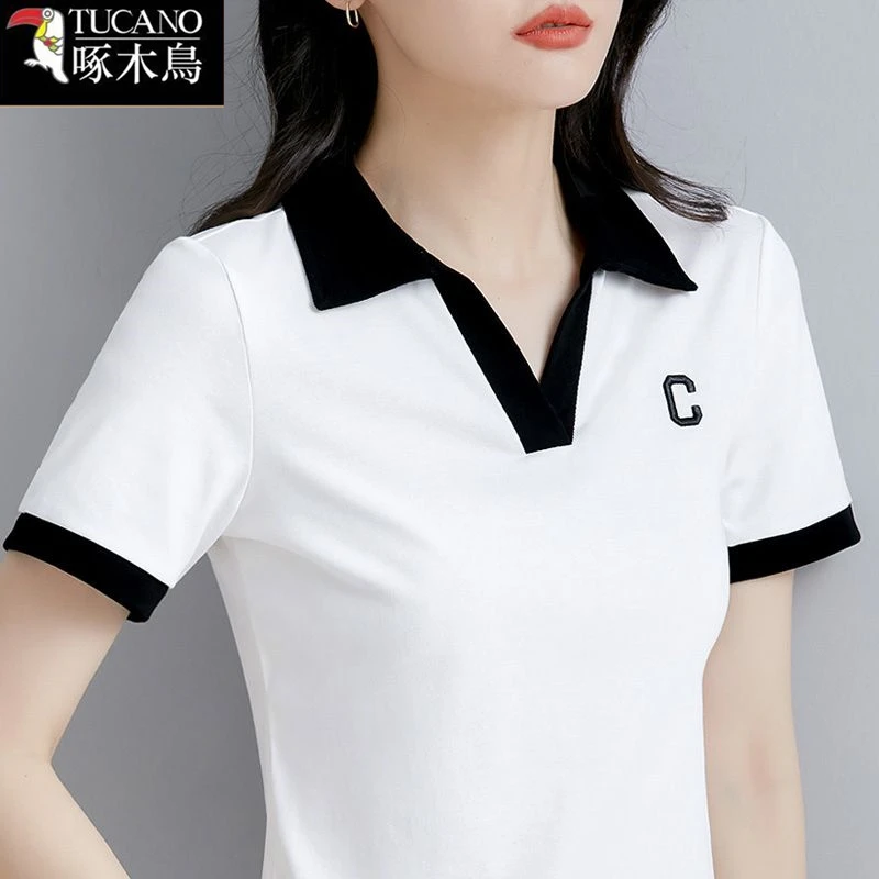 啄木鸟正品夏季薄款短袖V字翻领拼接T恤女2025年新款休闲百搭上衣