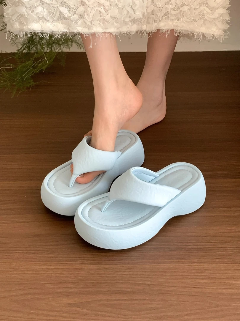 欢梨"夏日冰川蓝"法式厚底人字拖鞋女夏外穿增高夹脚凉拖鞋沙滩鞋
