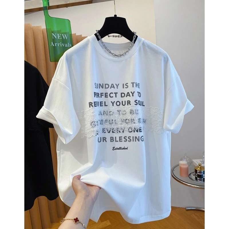 6614深圳南油高端欧货蕾丝拼接t恤女短袖新款宽松洋气大版上衣夏