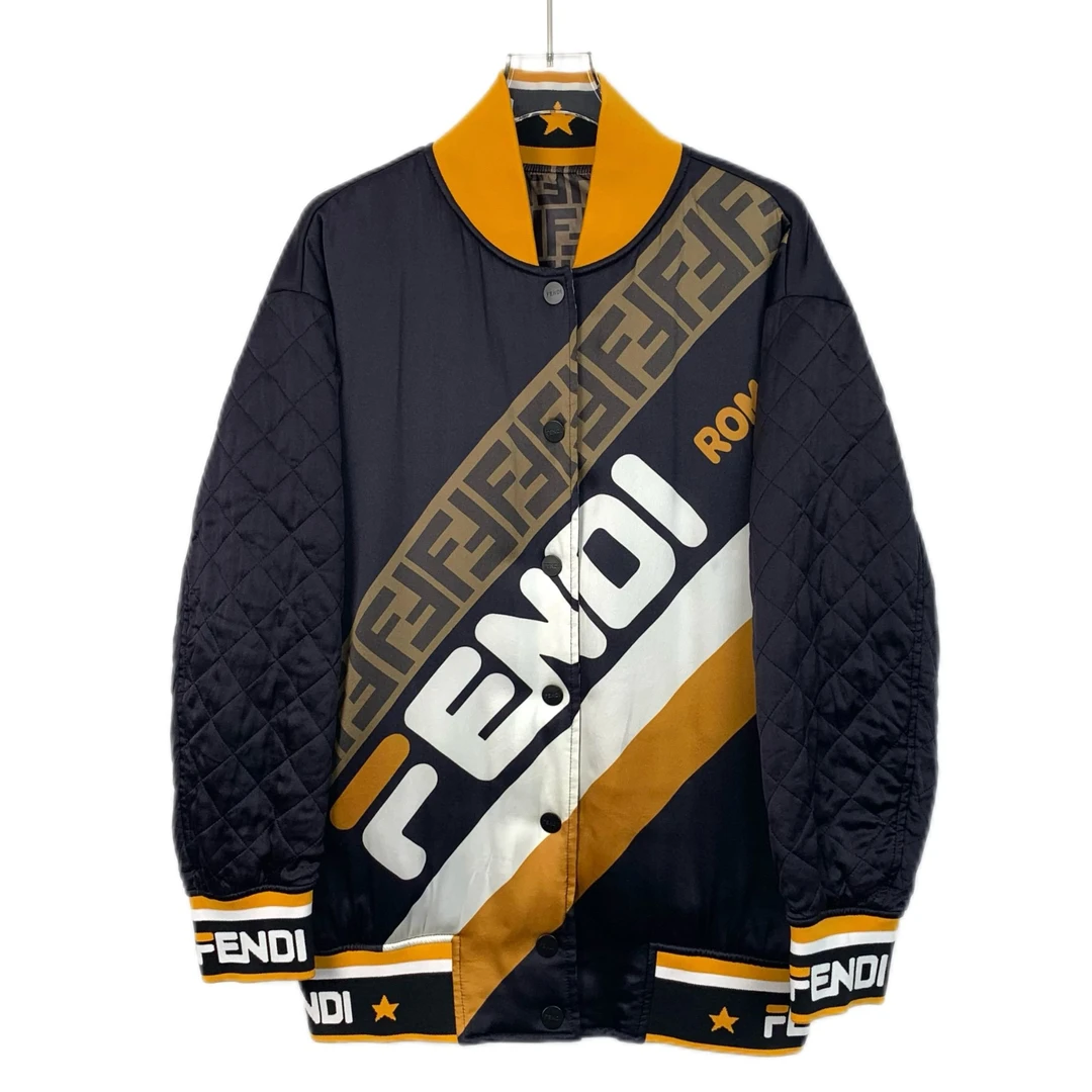 95新 FENDI/芬迪 X13377 拼色字母满印双面穿桑蚕丝棒球服外套