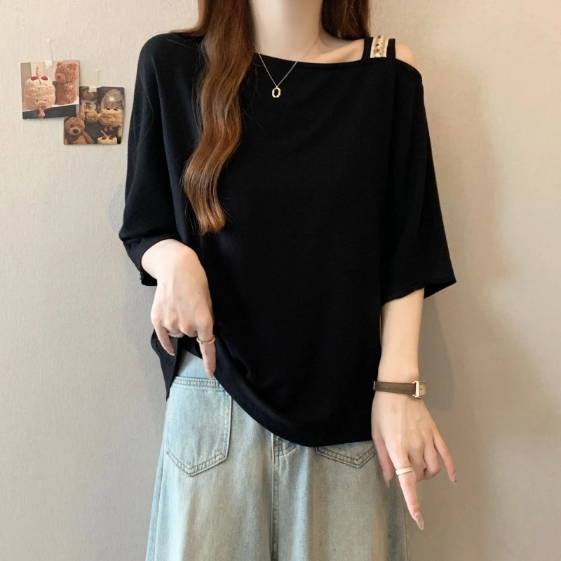 大码设计感露肩短袖T恤女夏季新款胖MM宽松显瘦百搭洋气小众上衣