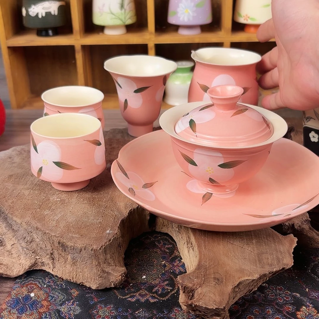 手绘全彩山楂红，粉引系列