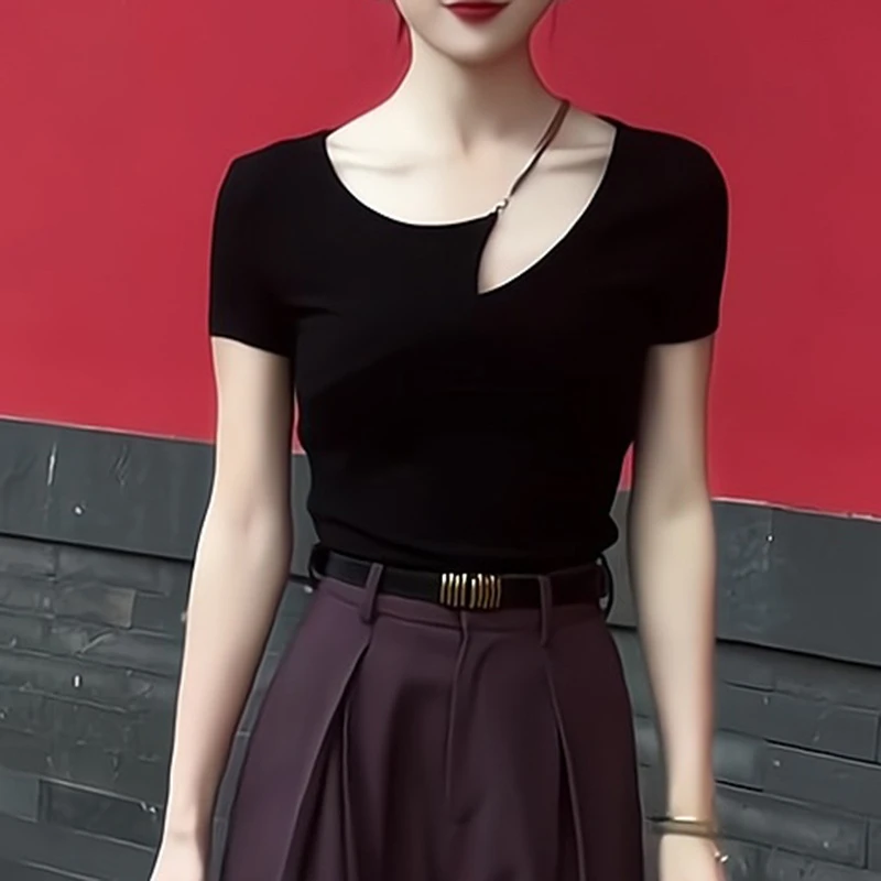 专柜商场撤回 短袖高腰常规法式常规款小众T恤春夏短款时尚抗皱