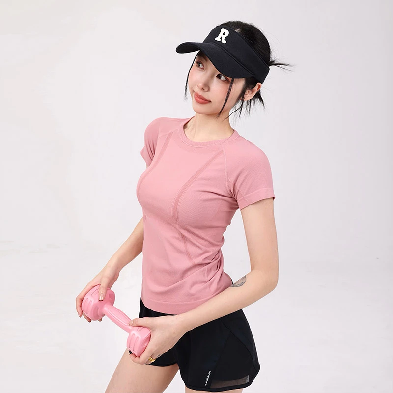 annerun圆领运动短袖女紧身跑步透气T恤普拉提裸感显瘦瑜伽服上衣