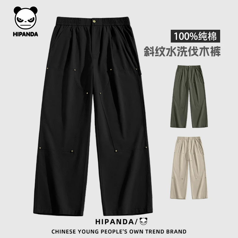 HiPanda蛇年新款纯棉斜纹水洗伐木裤男2025肌理感时尚百搭休闲裤B