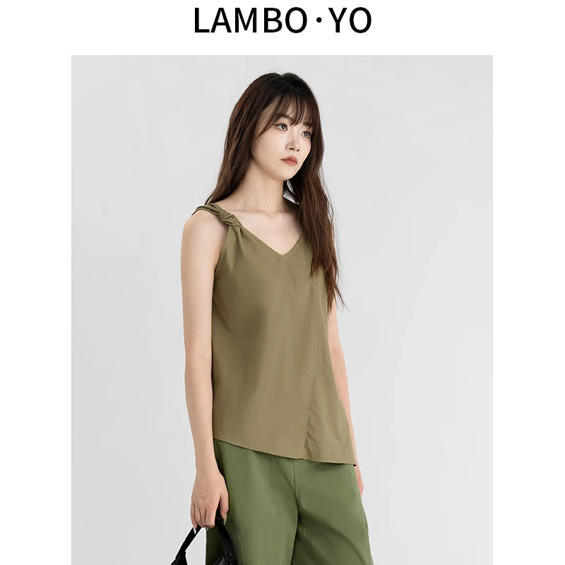 LAMBOYO2025夏季背心扭结V领休闲宽松吊带不规则下摆设计感上衣女