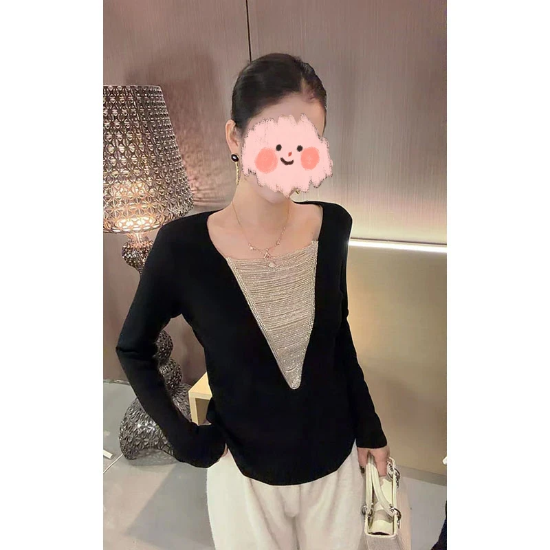 重工串珠拼接针织长袖上衣