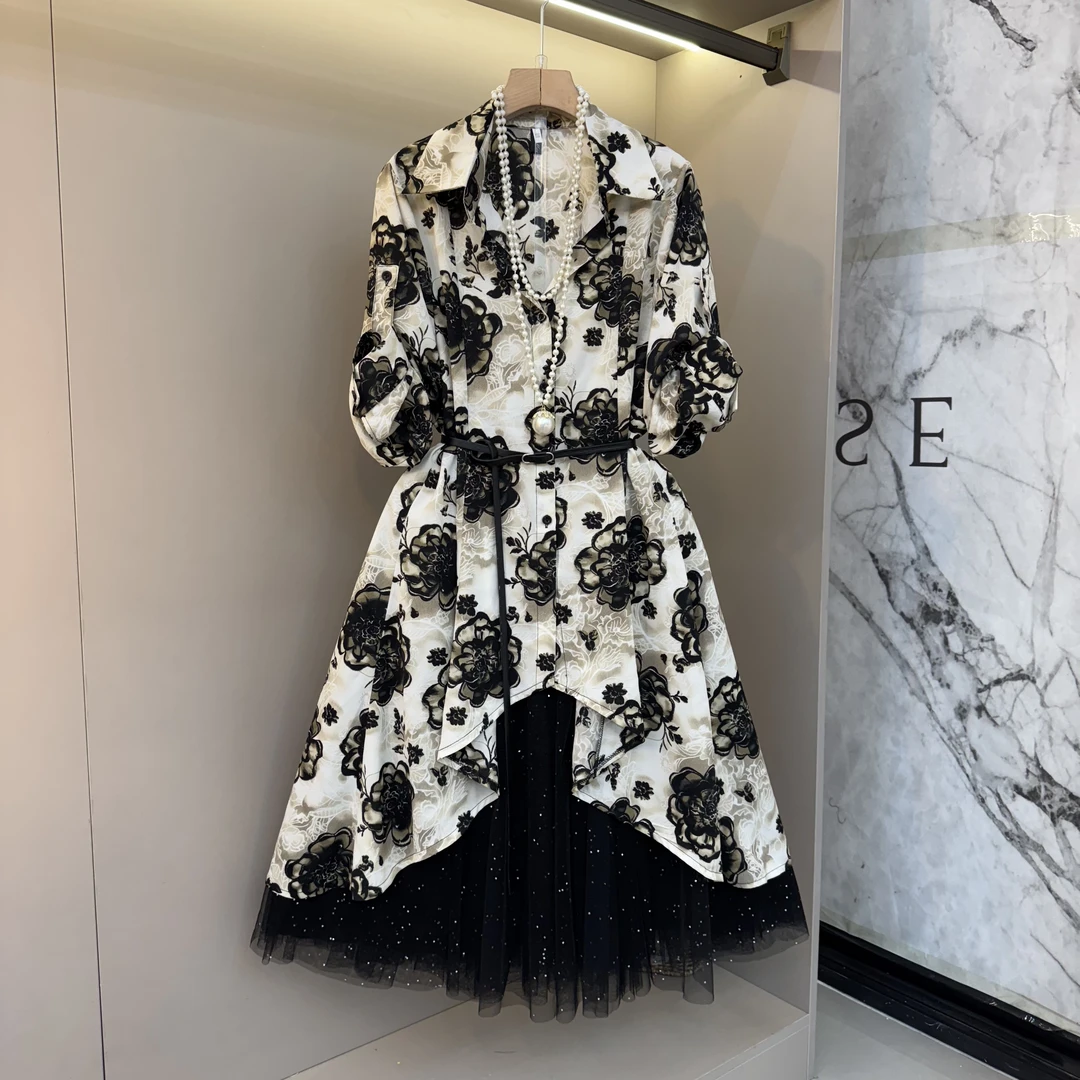 2025新款复古提花装饰气质翻领衬衫韩系宽松轻奢百搭网纱裙套装