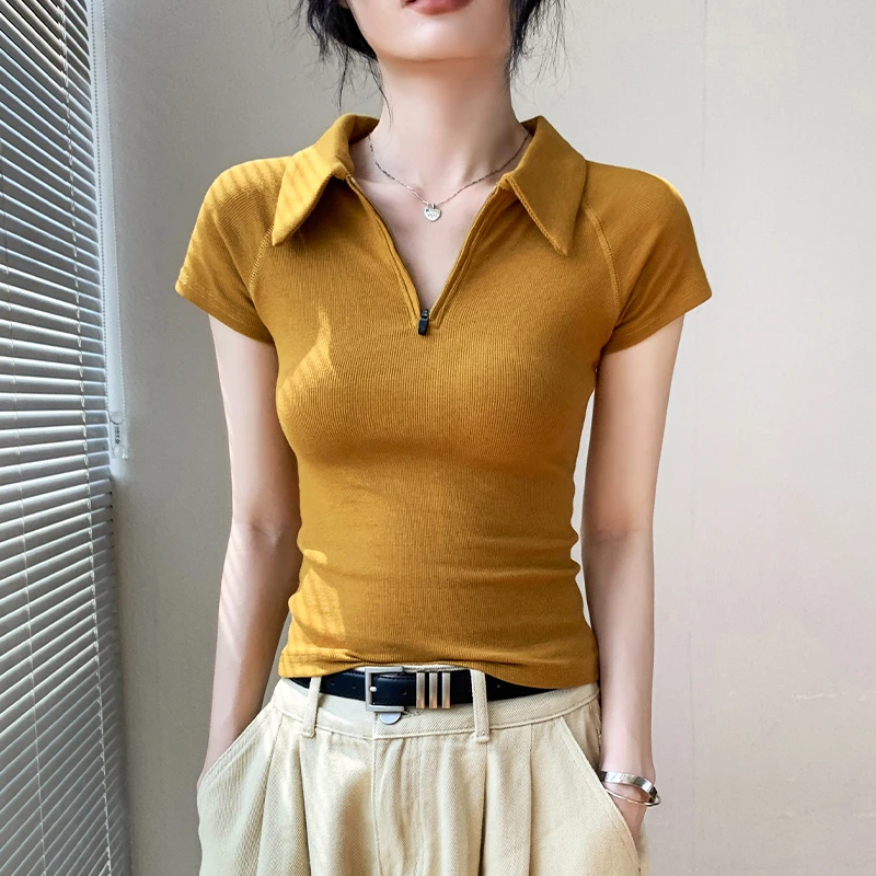 韩版时尚POLO领正肩短袖T恤女拉链修身显瘦纯色简约小众别致上衣