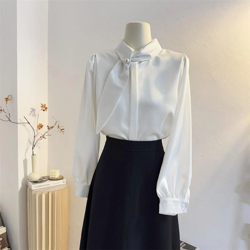 设计感法式立领飘带衬衫女长袖2025春季通勤气质衬衣垂感上衣白色