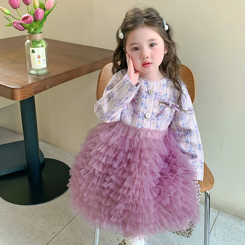 女童长袖网纱连衣裙春秋款2025新款儿童洋气公主裙宝宝春装蓬蓬裙